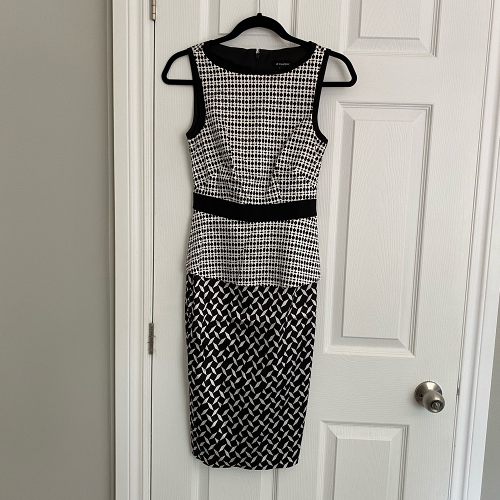 Le Chateau black/white pattern peplum dress